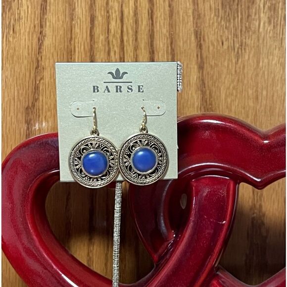 NWT BARSE Genuine Stones Blue Agate and Golden Detail Drop Earrings #BJER - Picture 3 of 11